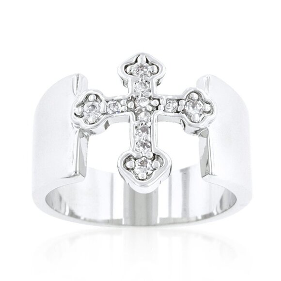 Divine Christian Open Band Cz Clear Cubic Zirconia Cross Silver Brass Ring 7 - Picture 2 of 8
